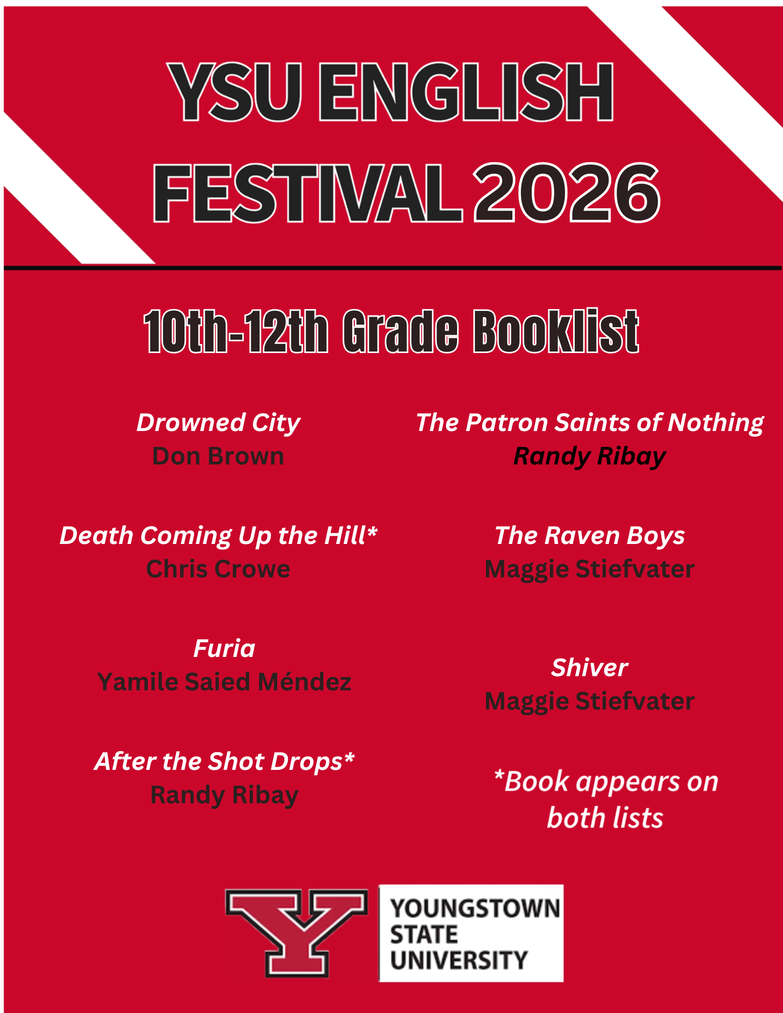 YSU English Festival list 2026 10th-12th grade list.
