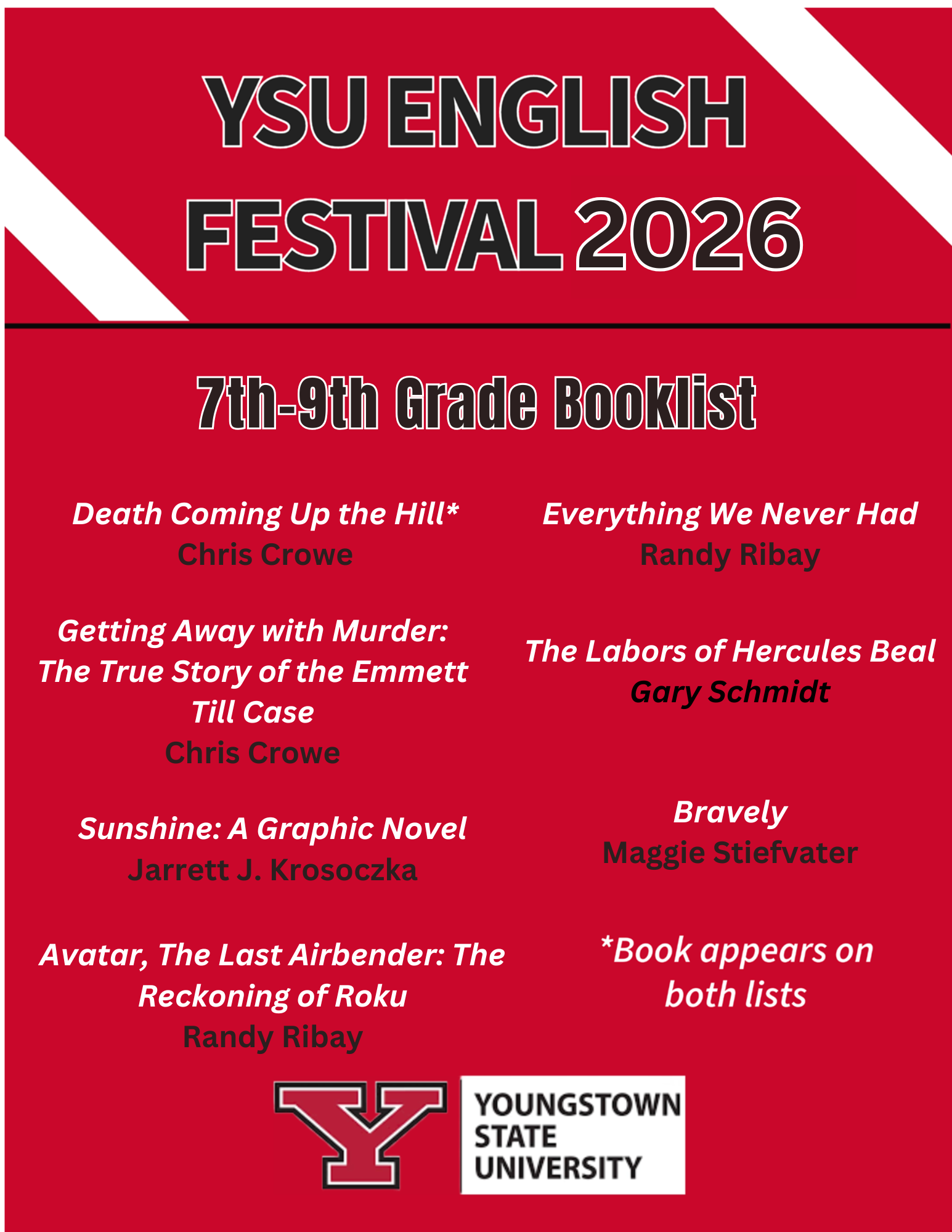 YSU English Festival list 2026 7th-9th grade list.
